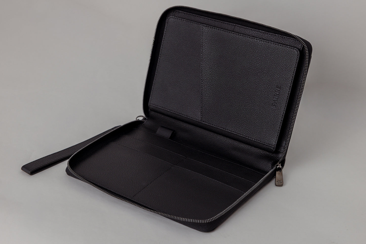 Pairre 8P passport wallet in black leather — open interior showing eight passport slots and document sleeves