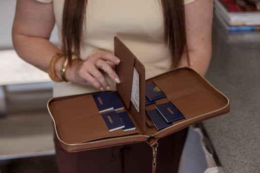 Pairre 8P brown/espresso leather passport wallet — lifestyle shot with wrist strap